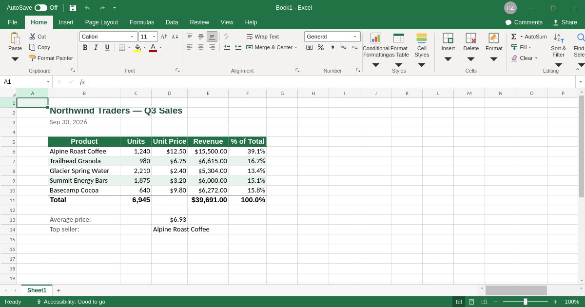 Screenshot of the Excel demo