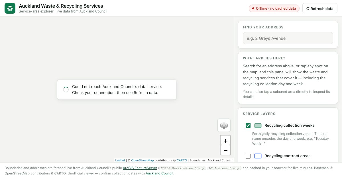 Screenshot of the Auckland Rubbish Recycling Map demo