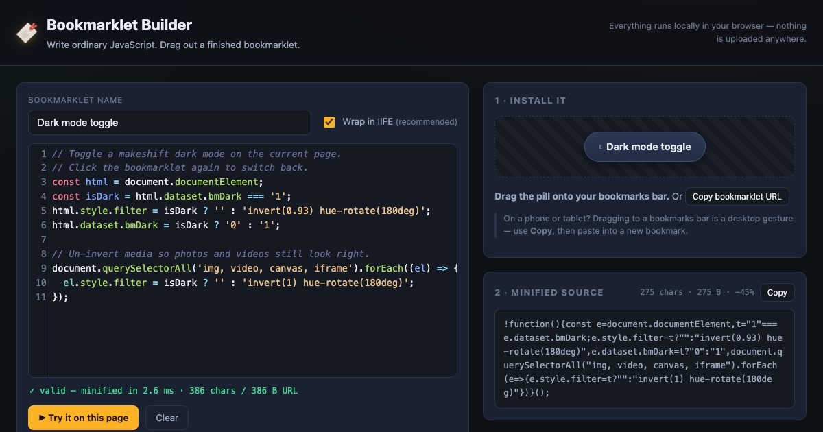 Screenshot of the Bookmarklet Builder demo