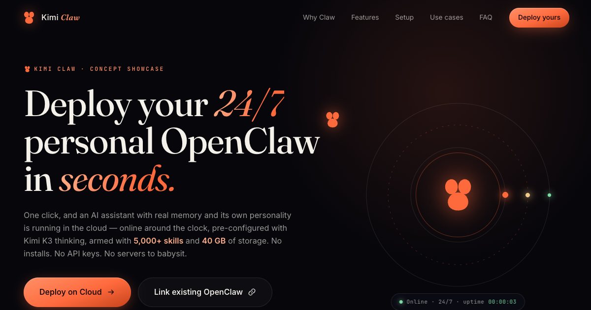 Screenshot of the Kimi Claw Landing Page demo