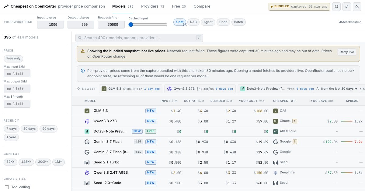 Screenshot of the Openrouter Price Comparison demo