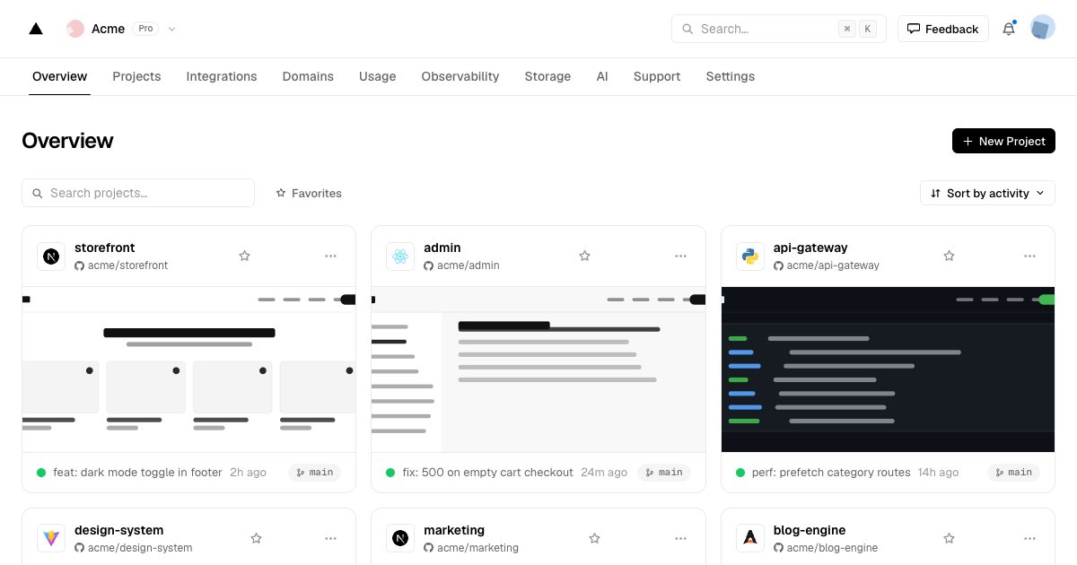 Screenshot of the Vercel Dashboard demo