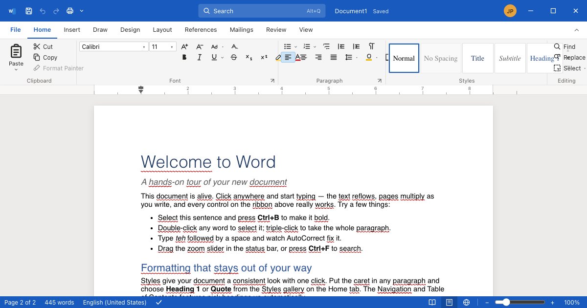 Screenshot of the Word demo