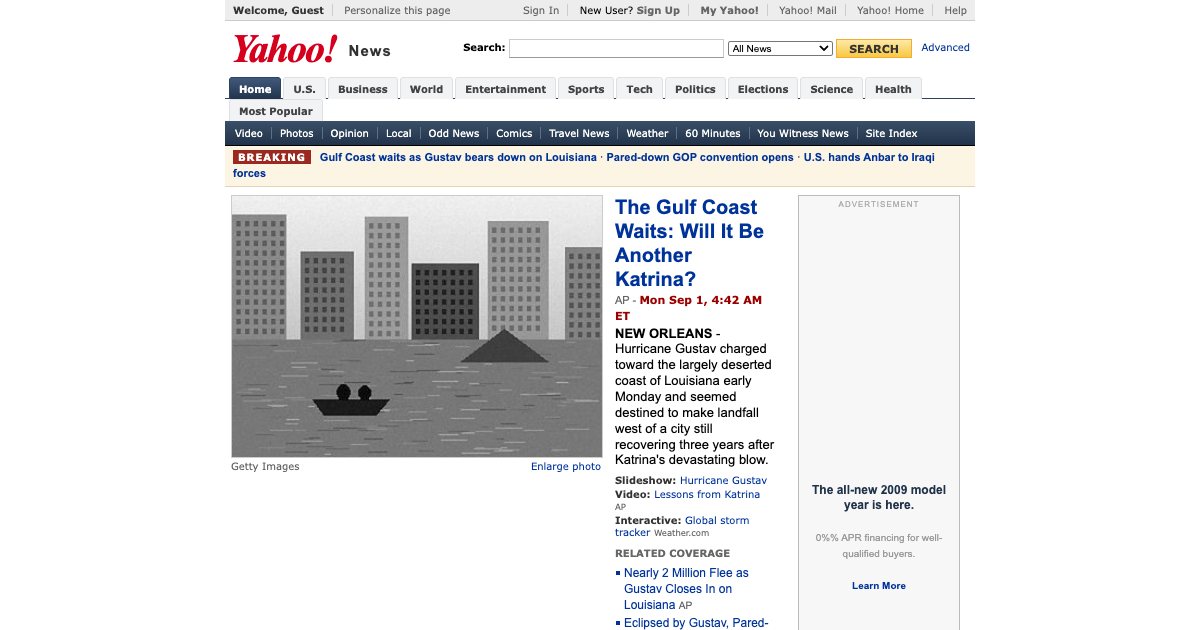 Screenshot of the Yahoo News Early 2000s Landing Page demo